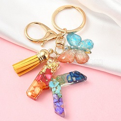 Resin Keychain, with Faux Suede Tassel Pendant & Alloy Clasps & Iron Rings, Letter K, 10cm(KEYC-YW00120-11)