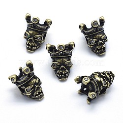 Brass Beads, with Cubic Zirconia, Cadmium Free & Nickel Free & Lead Free, Skull, Antique Golden, 14x11x10.5mm, Hole: 3mm(KK-J279-52AG-NR)