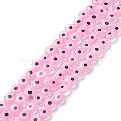Handmade Evil Eye Lampwork Flat Round Bead Strands, Pink, 6x3mm, Hole: 1mm, about 65pcs/strand, 14 inch(LAMP-L058-6mm-15)