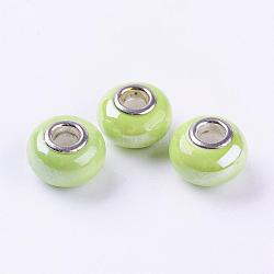 Handmade Porcelain European Beads, with Silver Color Brass Double Cores, Rondelle, Green Yellow, 15x10~11mm, Hole: 5mm(OPDL-G001-13)