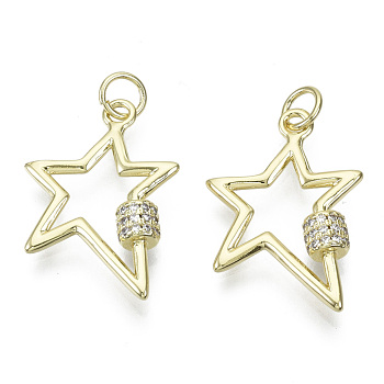 Brass Micro Pave Cubic Zirconia Pendants, Nickel Free, with Jump Rings, Star, Clear, Real 18K Gold Plated, 22x15.5x4mm, Jump Ring: 5x0.6mm, inner diameter: 3mm