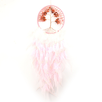 Tree of Life Wrapped Natural Rose Quartz Chips Woven Web/Net with Feather Decorations, for Home Bedroom Hanging Decorations, Pearl Pink, 600x160mm