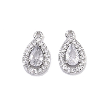 Brass Micro Pave Clear Cubic Zirconia Pendants, with Glass, Teardrop Charms, Real Platinum Plated, 10.5x6x3mm, Hole: 0.8mm