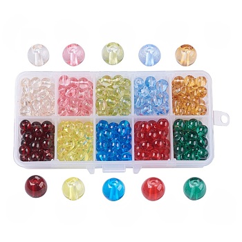 10 Colors Baking Painted Transparent Glass Round Beads, Mixed Color, 8.5~9mm, Hole: 1.5mm, about 30~35pcs/color, 300~350pcs/box