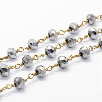 Handmade Beaded Chains, with Spool, Unwelded, Electroplated Glass Beads with Brass Findings, Faceted Rondelle, Gray, 6mm, about 32.8 Feet(10m)/roll