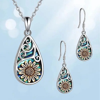 Alloy Enamel Pendant Necklaces & Dangle Earrings Sets, 304 Stainless Steel Jewelry Sets, Teardrop with Sunflower Pattern, Platinum, 450mm & 30x13mm