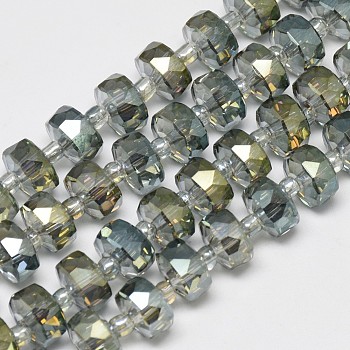 Electroplate Glass Beads Strands, Rainbow Plated, Faceted, Flat Round, Olive, 7~8x5mm, Hole: 1mm, about 80pcs/strand, 21.26 inch