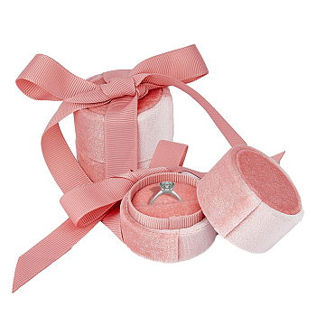 Column Velet Ring Box, Single Ring Gift Case with Ribbon, for Wedding Engagement, Light Coral, 4.9x4.5cm