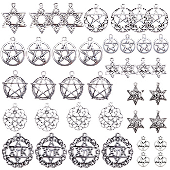 Tibetan Style Alloy Pendants, Flat Round with Star, Antique Silver, 40pcs/set