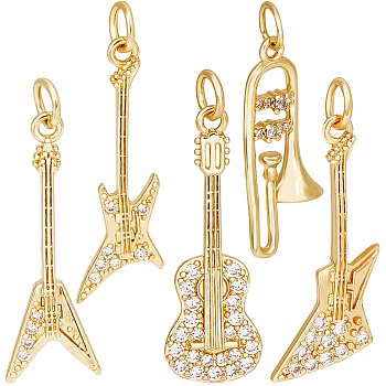 5pcs 5 style Rack Plating Brass Micro Pave Clear Cubic Zirconia Musical Instrument Pendants, with Jump Ring, Guitar & Trumpet Charm, Real 18K Gold Plated, 13.5~27.5x6~10x2mm, Hole: 2.5~3mm, 1pc/style