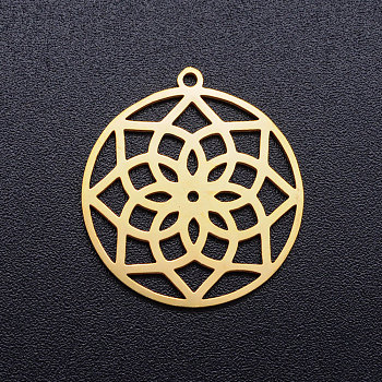 201 Stainless Steel Pendants, Ring with Flower, Golden, 21.5x20x1mm, Hole: 1.2mm