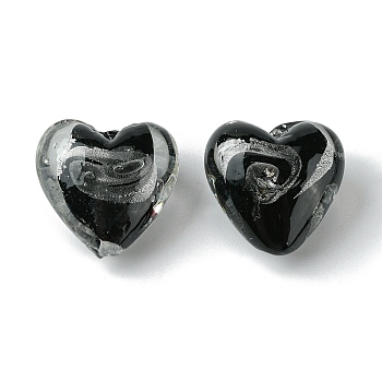 Handmade Silver Foil Glass Beads, Heart, Black, 20x21x12.5mm, Hole: 1.8mm