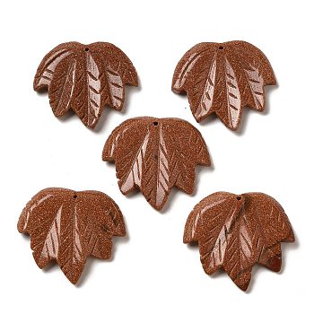Synthetic Goldstone Carved Pendants, Leaf Charms, 43~44x49~50x7~7.5mm, Hole: 1.4mm