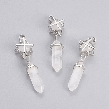Natural Quartz Crystal Pendants, Rock Crystal Pendants, Pointed Pendants, with Platinum Tone Brass Findings, Star & Bullet, 72mm, Hole: 7x5mm