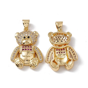 Brass Micro Pave Cubic Zirconia Pendants, Bear Charm, Real 18K Gold Plated, Hot Pink & Clear, 24.5x18x4.5mm, Hole: 4x3mm