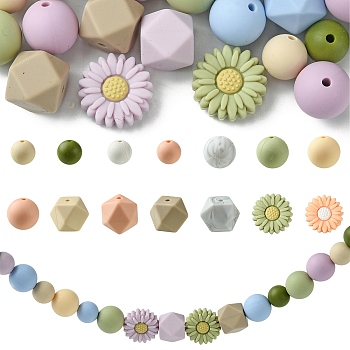 48Pcs 14 Styles Food Grade Eco-Friendly Silicone Focal Beads, Chewing Beads For Teethers, DIY Nursing Necklaces Making, Daisy, Mixed Color, 12~20x12~20~12~16.5mm, Hole: 2~2.2mm