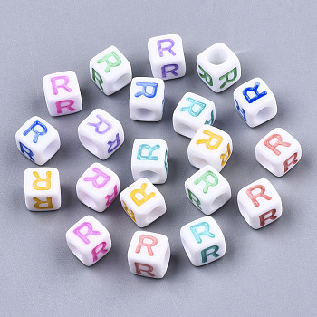 Opaque White Acrylic Beads, with Enamel, Horizontal Hole, Cube with Mixed Color Letter, Letter.R, 6x6x6mm, Hole: 3mm, about 2900pcs/500g