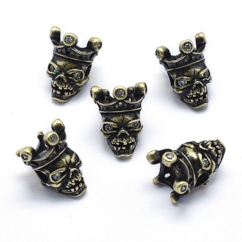 Brass Beads, with Cubic Zirconia, Cadmium Free & Nickel Free & Lead Free, Skull, Antique Golden, 14x11x10.5mm, Hole: 3mm