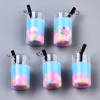 Epoxy Resin and Polymer Clay Pendant, and Glass Bottle Decorations, Imitation Fruit Juice Charms, Platinum Tone Iron Eye Pin, Light Sky Blue, 25~27x11mm, Hole: 1.8mm