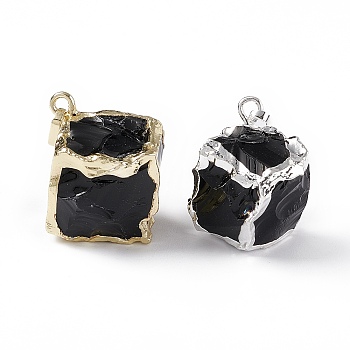 Natural Obsidian Pendants, with Rack Plating Brass Pendants, Cube Charms, Platinum & Golden, 25~30x20~25x14~19mm, Hole: 3.5x5mm