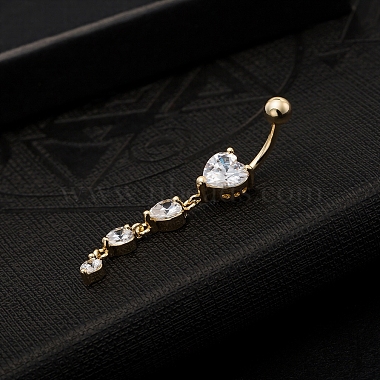 Real 18K Gold Plated Piercing Jewelry Brass Cubic Zirconia Heart Navel Ring Navel Ring Belly Rings(AJEW-EE0001-06)-2