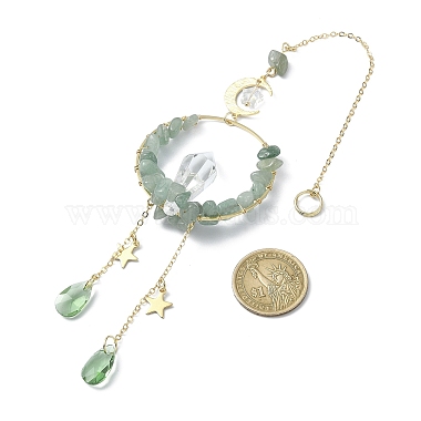Wire Wrapped Natural Green Aventurine Chips & Brass Ring Pendant Decorations(HJEW-TA00102-03)-3