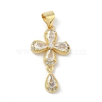 Brass Micro Pave Cubic Zirconia Pendants, Cross with Teardrop Charms, Long-Lasting Plated, Rack Plating, Lead Free & Cadmium Free, Real 18K Gold Plated, 26x14.5x4mm, Hole: 4.5x3.5mm(KK-H537-12G)