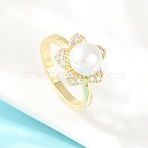 Brass Micro Pave Cubic Zirconia Finger Rings for Women, Round, with ABS Plastic Imitation Pearl, Real 18K Gold Plated, 12.5mm, Inner Diameter: 16.8mm(RJEW-D340-02G-02)