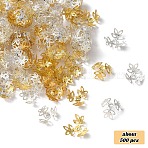 50g 2 Colors Plated Iron Fancy Bead Caps, 3-Petal Flower, Golden & Silver, 8.5~12x10~14x4~6mm, Hole: 1.2mm, 25g/color, about 250pcs/color(IFIN-YW0003-96)