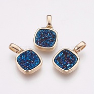 Natural Druzy Agate Pendants, with Brass Finding, Square, Golden, Royal Blue, 13x11x3~4mm, Hole: 2x2.5mm(KK-G343-12C-G)