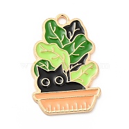 Alloy Enamel Pendants, Light Gold, Potted with Cat Charm, Lawn Green, 28x18x1mm, Hole: 2mm(X-ENAM-D041-06A)