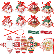 32Pcs 4 Style Christmas Theme Pyramid Shaped Paper Bakery Boxes, with Bowknot Ribbon, Mixed Patterns, Boxes: 73x73x83mm, 8pcs/style(BAKE-BC0001-01)