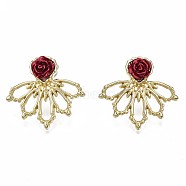 Flower Stud Earrings for Women, Hollow Earring, Cadmium Free & Nickel Free & Lead Free, Light Gold, Red, 27.5x30mm, Pin: 0.7mm(EJEW-N100-001-NR)