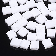 2-Hole Opaque Glass Seed Beads, Rectangle, White, 5x4.5~5.5x2~2.5mm, Hole: 0.5~0.8mm(SEED-S023-08A)