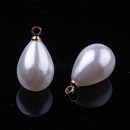 Plastic Pendants, with Golden Tone Brass Findings, teardrop, Creamy White, 17x10mm, Hole: 1mm(KY-P008-G01)