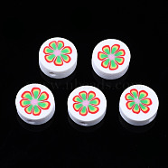 Handmade Polymer Clay Beads, for DIY Jewelry Crafts Supplies, Flat Round with Flower, White, 9.5~10x4.5mm, Hole: 1.8mm(CLAY-N008-039N)