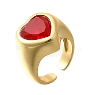 Brass Cuff Rings for Women, Heart, With Glass, Rack Plating, Long-Lasting Plated, Lead Free and Cadmium Free, Real 18K Gold Plated, Red, 16.5mm, Inner Diameter: adjustable(RJEW-Q008-11G-01)