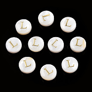 Natural Freshwater Shell Beads, with Golden Plated Brass Etched Metal Embellishments, Flat Round with Letter, Letter L, 7.5~8x4~5mm, Hole: 0.8mm(SHEL-N036-01L)