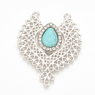 Alloy Big Pendants, with Resin Findings and Rhinestones, Platinum, Turquoise, 51.5x42x5mm, Hole: 1.5mm(ALRI-T005-11)