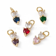 Rack Plating Brass Cubic Zirconia Charms, Double Heart Charm, with Jump Ring, Long-Lasting Plated, Real 18K Gold Plated, Lead Free & Cadmium Free, Mixed Color, 12.5x5.5x4mm, Hole: 3.5mm(KK-M236-04G)