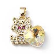Real 18K Gold Plated Rack Plating Brass Micro Pave Cubic Zirconia Pendants, with Glass, Long-Lasting Plated, Cadmium Free & Lead Free, Cat with Heart, Clear AB, 21x19.5x7.5mm, Hole: 3.5x5mm(KK-C015-31G-10)