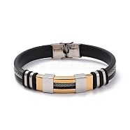 Men's Silicone Cord Bracelet, Titanium Steel Curved Tube Beads Friendship Bracelet, Black, Golden & Stainless Steel Color, 8-7/8 inch(22.5cm)(BJEW-M206-02P)
