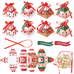 32Pcs 4 Style Christmas Theme Pyramid Shaped Paper Bakery Boxes, with Bowknot Ribbon, Mixed Patterns, Boxes: 73x73x83mm, 8pcs/style(BAKE-BC0001-01)