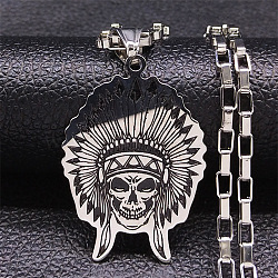 304 Stainless Steel Enamel Pendant Necklaces, Tribal Halloween Skull, Stainless Steel Color, 23.23 inch(59cm)(NJEW-P293-04P)