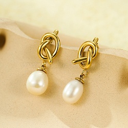 304 Stainless Steel knot Stud Earrings, with Freshwater Pearl Beads, Real 18K Gold Plated, 26.5x8.5mm(EJEW-C133-02G)