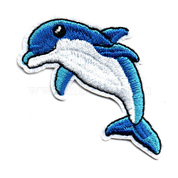 Computerized Embroidery Cloth Iron on/Sew on Patches, Costume Accessories, Appliques, Dolphin, Marine Blue, 70x35mm(DIY-K012-02-S705)