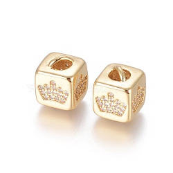 Brass Micro Pave Cubic Zirconia Beads, Long-Lasting Plated, Cube with Crown Pattern, Golden, Clear, Golden, 10x8x8.5mm, Hole: 1.5x3.5mm and 4mm(ZIRC-G162-16G-08)