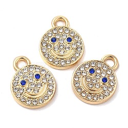 Alloy Rhinestone Pendants, Cadmium Free & Nickel Free & Lead Free, Flat Round with Smiling Face Charms, Golden, 15x12x2mm, Hole: 1.8mm(PALLOY-E027-VF686)