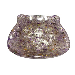 Cat Natural Amethyst Plate with Paillette, Resin Home Decorations, 100x100x15mm(DJEW-PW0014-03H)