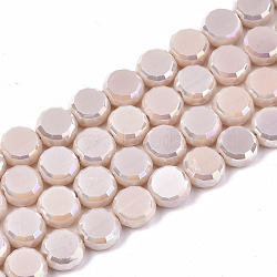 Electroplate Opaque Solid Color Glass Beads Strands, AB Color Plated, Faceted Flat Round, Old Lace, 8x4mm, Hole: 1.5mm, about 99~101pcs/strand, 27.76 inch~28.94 inch, (70.5cm~73.5cm)(EGLA-T020-07J)